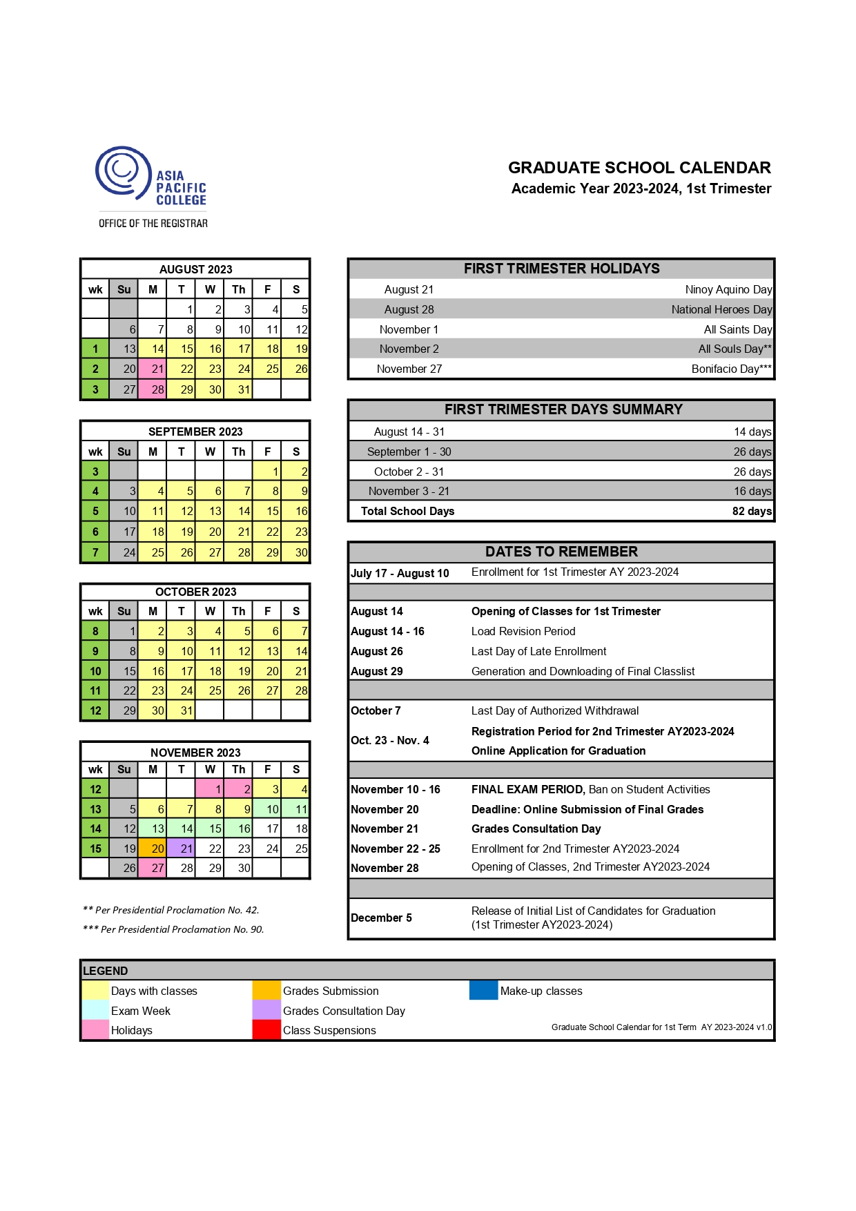 Calendar - Asia Pacific College